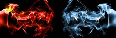 Flags of China, Chinese vs Micronesia. Smoke flag placed side by side on black background. 