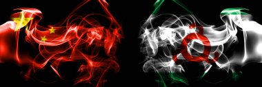 Flags of China, Chinese vs Russia, Russian, Ingushetia. Smoke flag placed side by side on black background. 