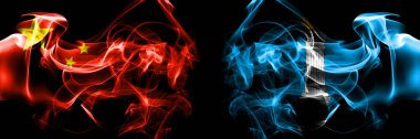 Flags of China, Chinese vs Russia, Russian, Ulyanovsk Oblast. Smoke flag placed side by side on black background. 