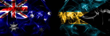 Avustralya bayrakları, Avustralya, Bahamalar, Bahamalar. Duman bayrağı siyah arkaplanda yan yana yerleştirildi. 