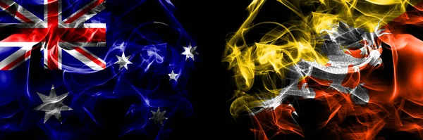 Vlajky Austrálie Austrálie Bhútán Bhútán Kouřový Prapor Umístěný Vedle Sebe — Stock fotografie
