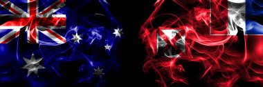 Avustralya bayrakları, Avustralya 'ya karşı Fransa, Fransa, Wallis ve Futuna. Duman bayrağı siyah arkaplanda yan yana yerleştirildi. 