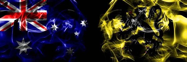 Bandiere Australia Australia Contro Fiandre Fiammingo Bandiera Fumogeno Affiancata Sfondo — Foto Stock