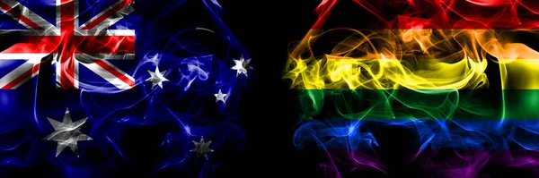 Bandeiras Austrália Austrália Gay Pride Bandeira Fumaça Colocada Lado Lado — Fotografia de Stock