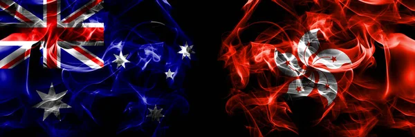 Flaggen Australiens Australiens Gegen Hongkong Chinas Chinas Rauchfahne Nebeneinander Auf — Stockfoto