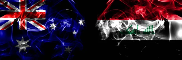 Bandeiras Austrália Austrália Iraque Bandeira Fumaça Colocada Lado Lado Fundo — Fotografia de Stock