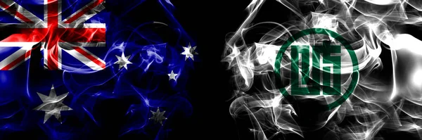 Флаги Австралии Австралии Против Японии Японии Префектуры Гифу Дымовой Флаг — стоковое фото