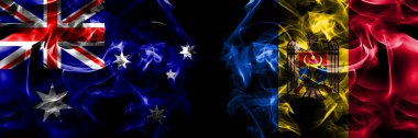 Avustralya bayrakları, Avustralya Moldova 'ya karşı, Moldova. Duman bayrağı siyah arkaplanda yan yana yerleştirildi. 