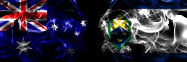 Avustralya bayrakları, Avustralya, Amerika Birleşik Devletleri, Amerika, ABD, Amerika, Colorado Springs, Colorado. Duman bayrağı siyah arkaplanda yan yana yerleştirildi. 