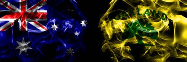 Avustralya bayrakları, Avustralya, Amerika Birleşik Devletleri, Amerika, ABD, Amerika, Oakland, Kaliforniya. Duman bayrağı siyah arkaplanda yan yana yerleştirildi. 