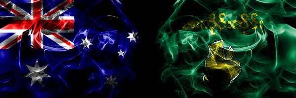Flaggen Von Australien Australien Gegen Myanmar Sagaing Division Rauchfahne Nebeneinander — Stockfoto