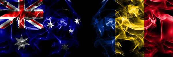 Bandeiras Austrália Austrália Romênia Romeno Bandeira Fumaça Colocada Lado Lado — Fotografia de Stock