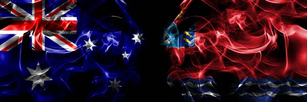 オーストラリア オーストラリア対ロシア ロシア マガダン州の旗 黒地に煙旗を並べて — ストック写真