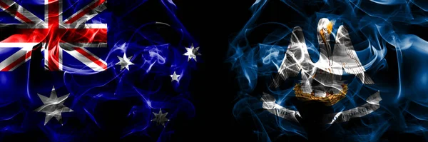 オーストラリア オーストラリア アメリカ アメリカ アメリカ アメリカ ルイジアナの国旗 黒地に煙旗を並べて — ストック写真