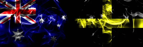 澳大利亚国旗 澳大利亚对威尔士 威尔士 圣大卫 烟旗并排放置在黑色背景上 — 图库照片
