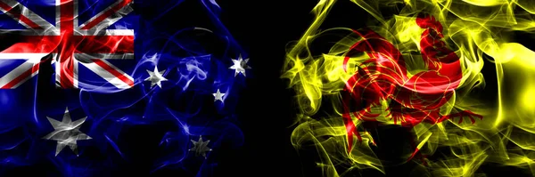 Vlajky Austrálie Australan Valonsko Kouřový Prapor Umístěný Vedle Sebe Černém — Stock fotografie