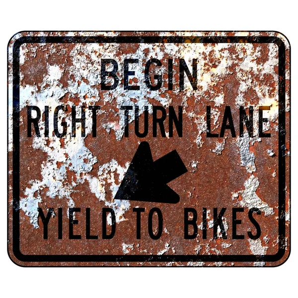Старый Ржавый Американский Дорожный Знак Начните Правый Поворот Выход Велосипеды — стоковое фото