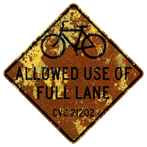 Régi Rozsdás Amerikai Útjelző Tábla Bicikli Használhatja Full Lane Úton — Stock Fotó