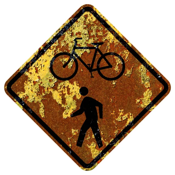 Velho Sinal Estrada Americana Enferrujado Bicicletas Pedestres — Fotografia de Stock