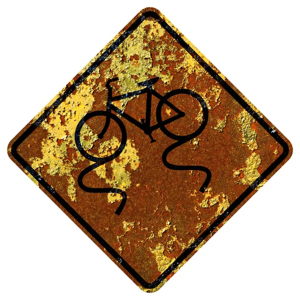 Old Rusty American Road Sign Bike Lane Slippery Wet — Stock Photo, Image