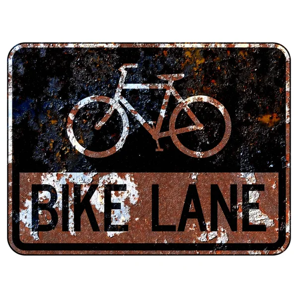 Stary Zardzewiały Amerykański Znak Drogowy Bike Lane — Zdjęcie stockowe
