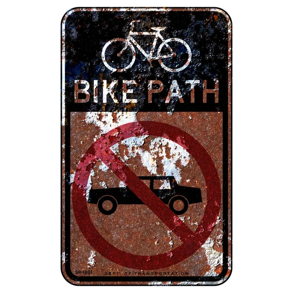 Old Rusty American Road Sign Bike Path Automobiles New York — Stock Photo, Image