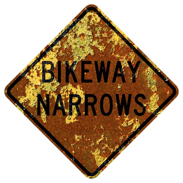 Παλιά Σκουριασμένη Αμερικανική Οδική Πινακίδα Bikeway Στενεύει — Φωτογραφία Αρχείου