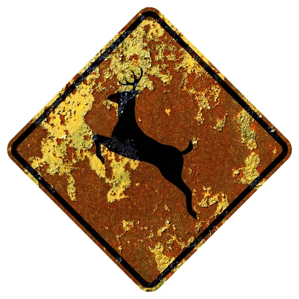 Old Rusty American Road Sign Deer Crossing — Stock Photo, Image