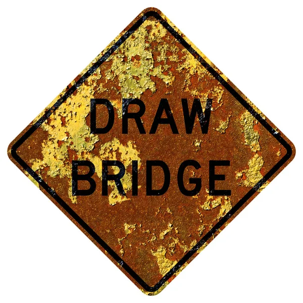 Starý Rezavý Americký Dopravní Značení Draw Most Před Námi — Stock fotografie