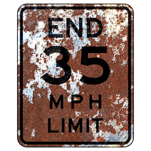 Stary Zardzewiały Amerykański Znak Drogowy Ograniczenie Prędkości Końcowej — Zdjęcie stockowe