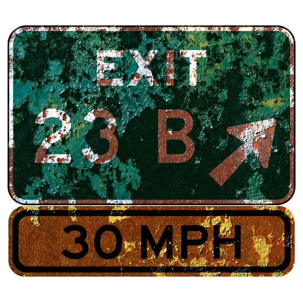 Old Rusty American Road Sign Exit Number Sign Speed Advisory — Stock Photo, Image