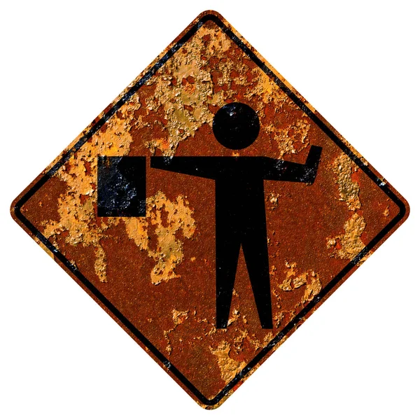 Old Rusty American Road Sign Flaggers Road Ahead — Stock Photo, Image