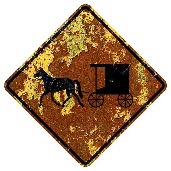 Старый Ржавый Американский Дорожный Знак Конный Автомобиль Впереди — стоковое фото