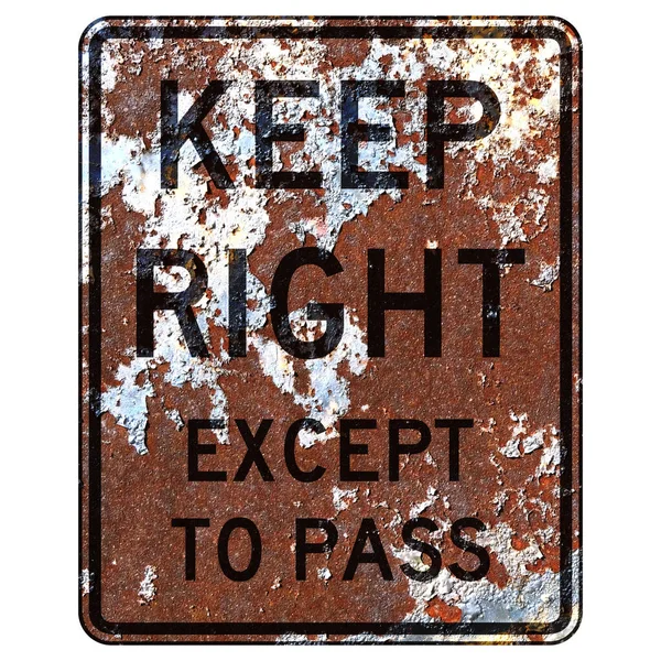 Stary Zardzewiały Amerykański Znak Drogowy Keep Right Pass Indiana — Zdjęcie stockowe