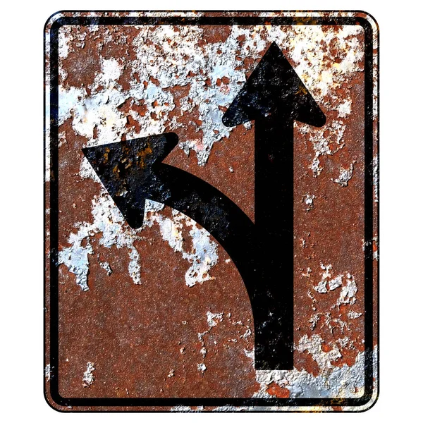 旧的生锈的美国路标 左转或直转弯的选择标志 — 图库照片