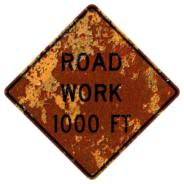 Старый Ржавый Американский Дорожный Знак Дорожные Работы Впереди — стоковое фото