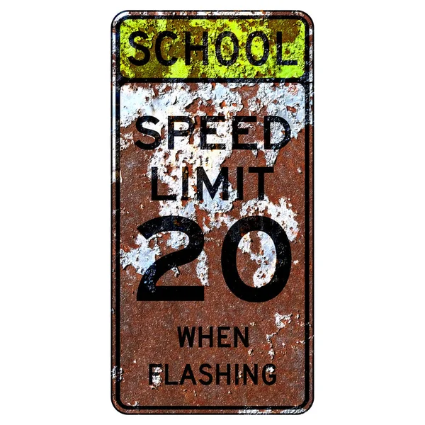 Velho Sinal Estrada Americana Enferrujado Limite Velocidade Escola Quando Piscando — Fotografia de Stock