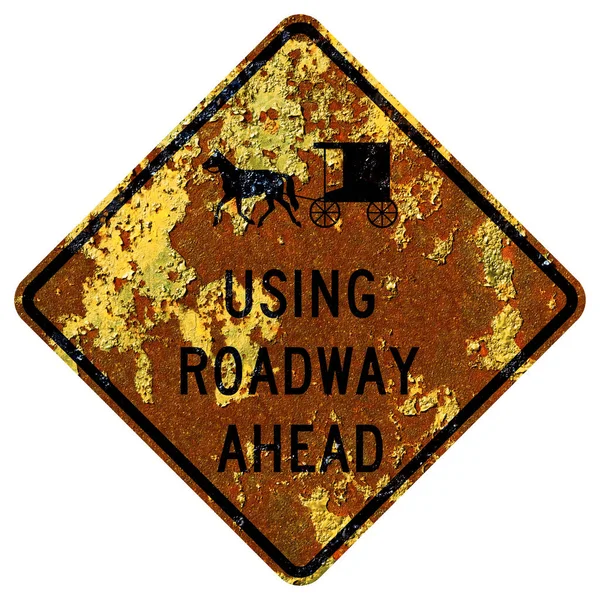 Old Rusty American Road Sign Using Roadway Ahead — Stock Photo, Image