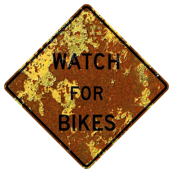 Old Rusty American Road Sign Watch Bikes Maryland — Stock Photo, Image