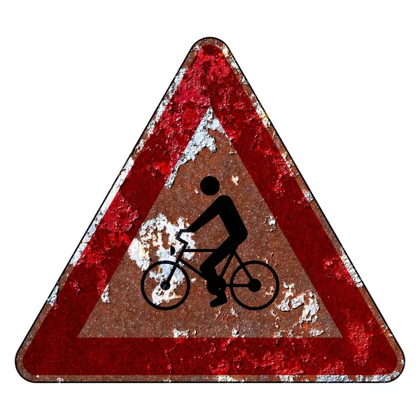 Vecchio Grunge Cartello Stradale Segnale Avvertimento Ciclista Sulla Strada — Foto Stock