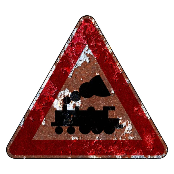 Velho Signo Estrada Grunge Signo Aviso Passagem Ferroviária Frente Sem — Fotografia de Stock