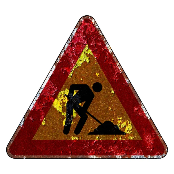 Old Grunge Road Sign Warning Sign Roadworks — Stock Photo, Image