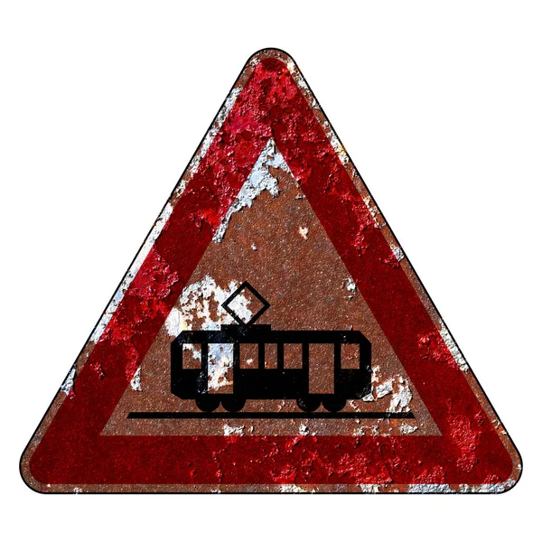 Altes Grunge Verkehrszeichen Warnschild Straßenbahn — Stockfoto