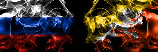 Rusko Rusko Proti Bhútánu Bhútánské Vlajky Kouřový Prapor Umístěný Vedle — Stock fotografie