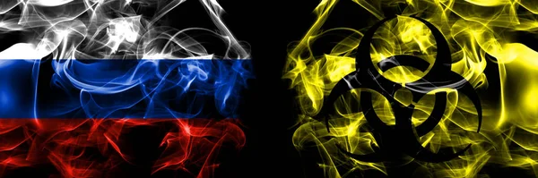 ロシア対ロシア対バイオハザードウイルスコヴィドの旗 黒地に隔絶された煙旗 — ストック写真