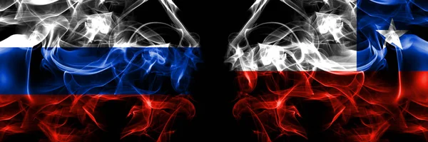 Rusya Rus Şili Karşı Şili Bayrakları Siyah Arkaplanda Yan Yana — Stok fotoğraf