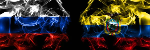 Russia Russian Ecuador Ecuadorian Flags Smoke Flag Placed Side Side — Stock Photo, Image