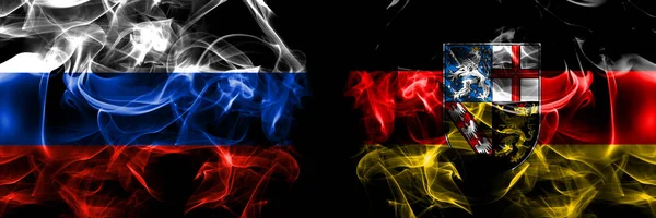 Russia Russian Germany Saarland Flags Smoke Flag Placed Side Side — Stock Photo, Image