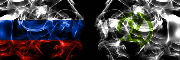 Russia Russian Japan Japanese Monbetsu Hokkaido Okhotsk Subprefecture Flags Smoke — Stock Photo, Image