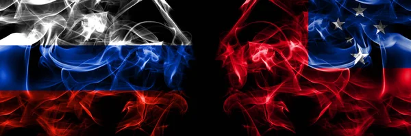 Oroszország Orosz Szamoa Zászlók Füstjelző Elhelyezett Egymás Mellett Elszigetelt Fekete — Stock Fotó